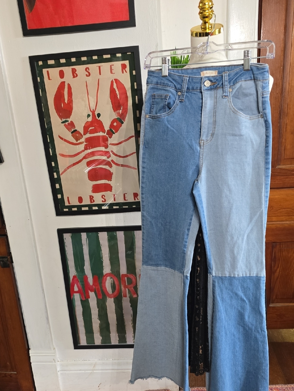 Altar'd State Two-Tone Light & Medium Blue Patchwork Flare Jeans 24